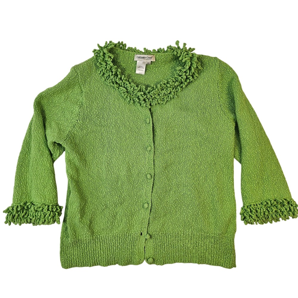 Coldwater Creek Lime Green Cotton Knit Loop Fringe Trim Cardigan Sweater XL